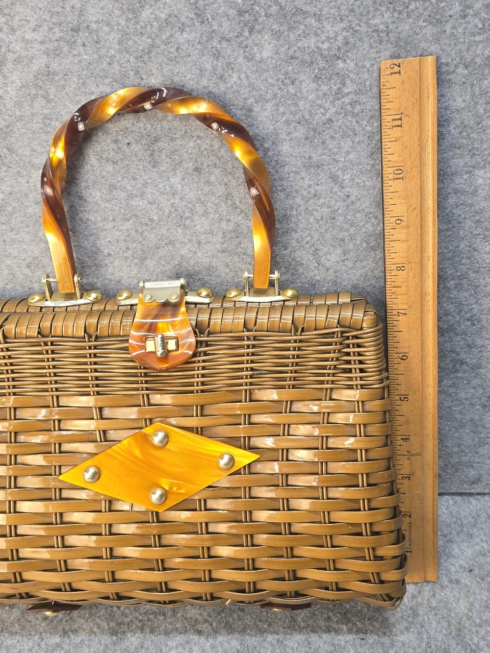 Vintage Handmade Wicker And Lucite Basket Handbag Made In Hong Kong